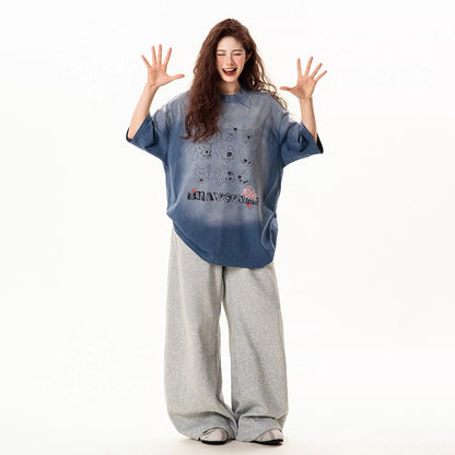 【トップス】レトロ加工 ドッグプリント 半袖Tシャツ レディース 夏 新作 ゆったり デザイン感 カジュアル【FCシリーズ】【15〜20日発送】