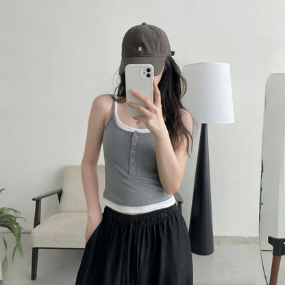 【トップス】夏 フェイクレイヤード パッド付き 着痩せ効果 タンクトップ 【FCシリーズ】