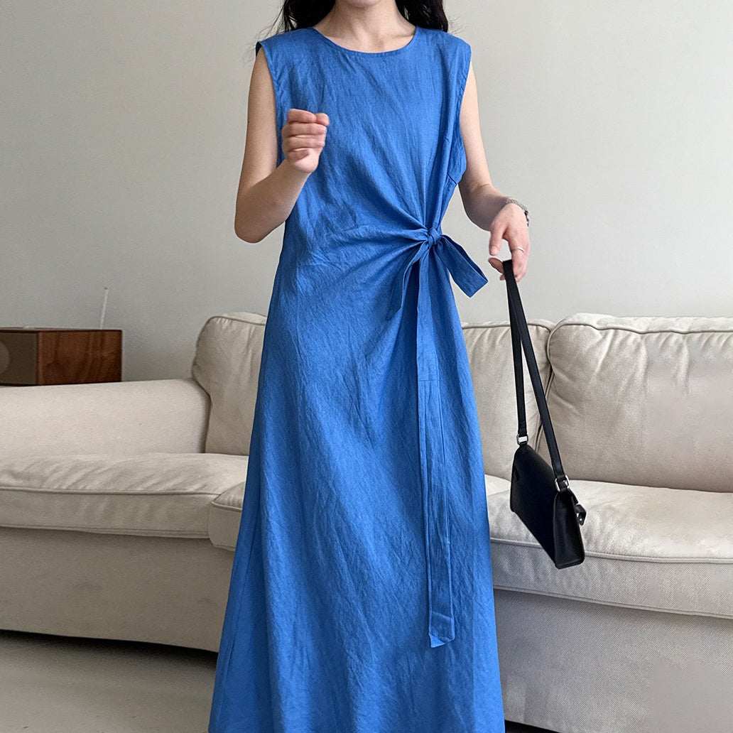 【ワンピース】100%ラミー フレンチエレガンス ノースリーブワンピース  夏 スリム効果【JZシリーズ】