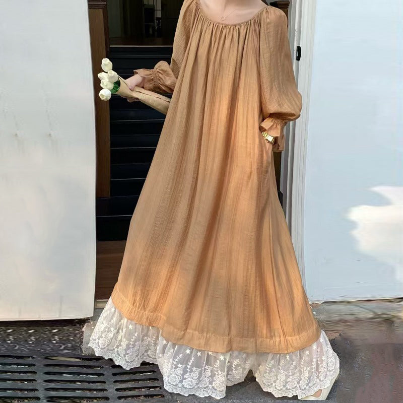 【ワンピース】7カラー 韓国風 ゆったり大きめサイズ オフショルダー レース スウィート ドレス 長袖ワンピース