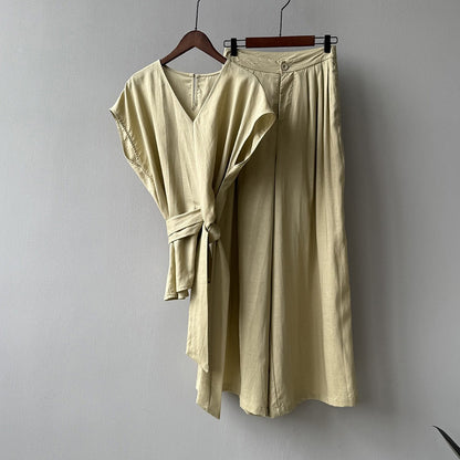 【セットアップ】【単品注文】夏 Vネック ノースリーブ シャツ + ワイドパンツ 2点上下セット 【SNシリーズ】