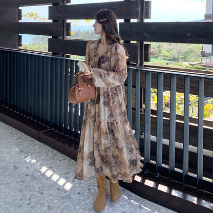 【ワンピース】タイダイ風 花柄シフォン 長袖ワンピース｜Aライン ロングドレス【SHシリーズ】