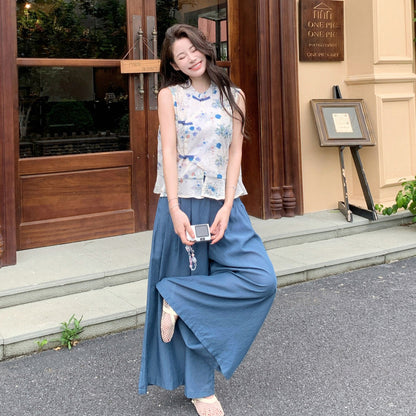 2点セット！【セットアップ】チャイナ風 上下セット レディース 夏 立体刺繍 ノーカラートップス ワイドパンツ きれいめ【SHシリーズ】