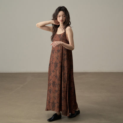 【ワンピース】新中式 ヴィンテージ高級感 プリント 柔らかい素材 リゾート風 ノースリーブワンピース【SHシリーズ】