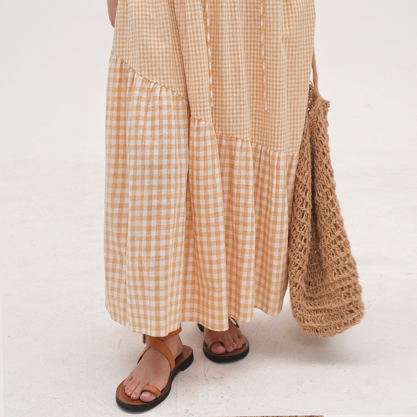 【ワンピース】【15～18日内発送】夏 クリームイエロー チェック柄 	Vネック 切り替えデザイン 半袖ワンピース 【JZシリーズ】