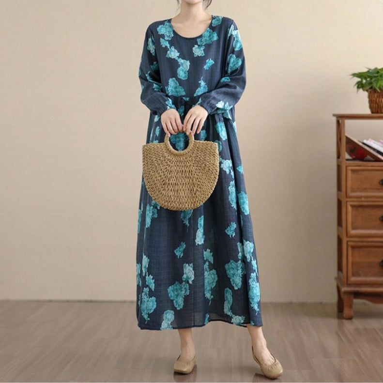 【ワンピース】レトロ 花柄プリント 長袖 ロング Aライン ゆったり 裾フレア ワンピース【SHシリーズ】