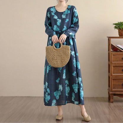 【ワンピース】レトロ 花柄プリント 長袖 ロング Aライン ゆったり 裾フレア ワンピース【SHシリーズ】