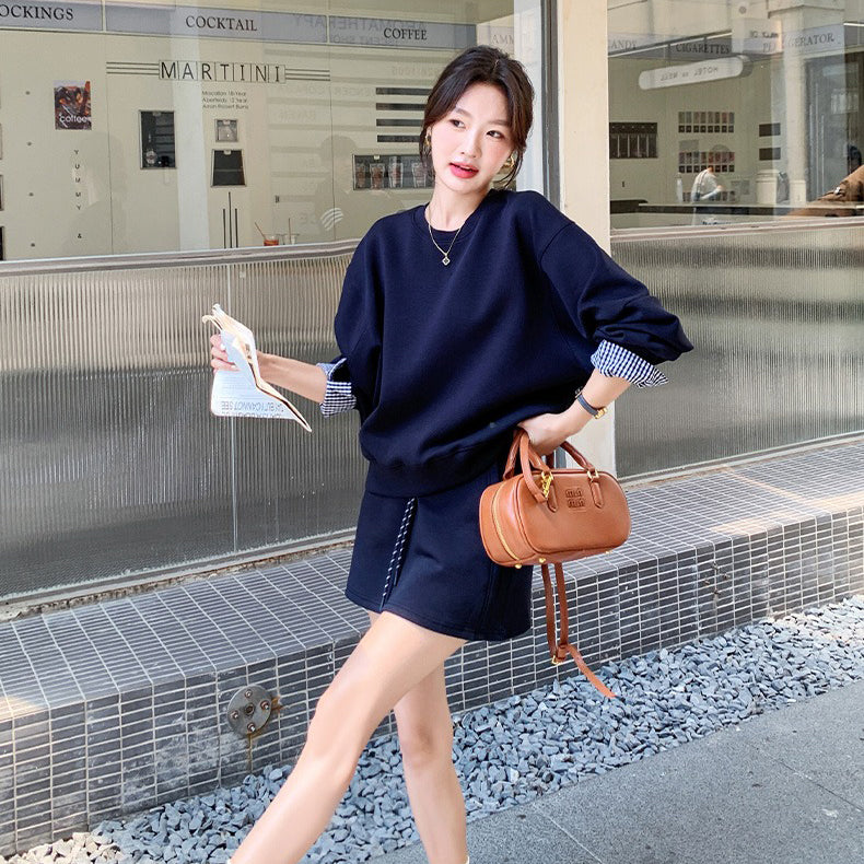 2点セット！【セットアップ】韓国風スポーティー セットアップ 切り替えスウェット ＋ミニスカート上下セット【JZシリーズ】