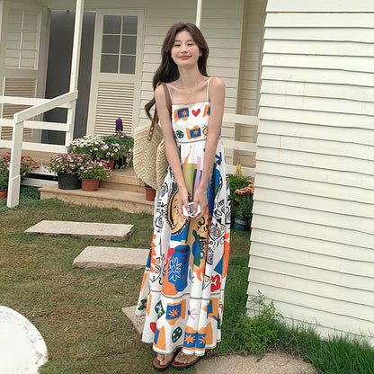 【ワンピース】レトロ油絵プリント ビーチバカンス 夏 高級感 ノースリーブワンピース【SHシリーズ】