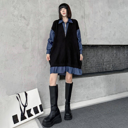 【ワンピース】デニム切り替えニットワンピース レディース 秋冬新作 ゆったりシルエット カジュアル長袖セーター ワンピース【AHシリーズ】