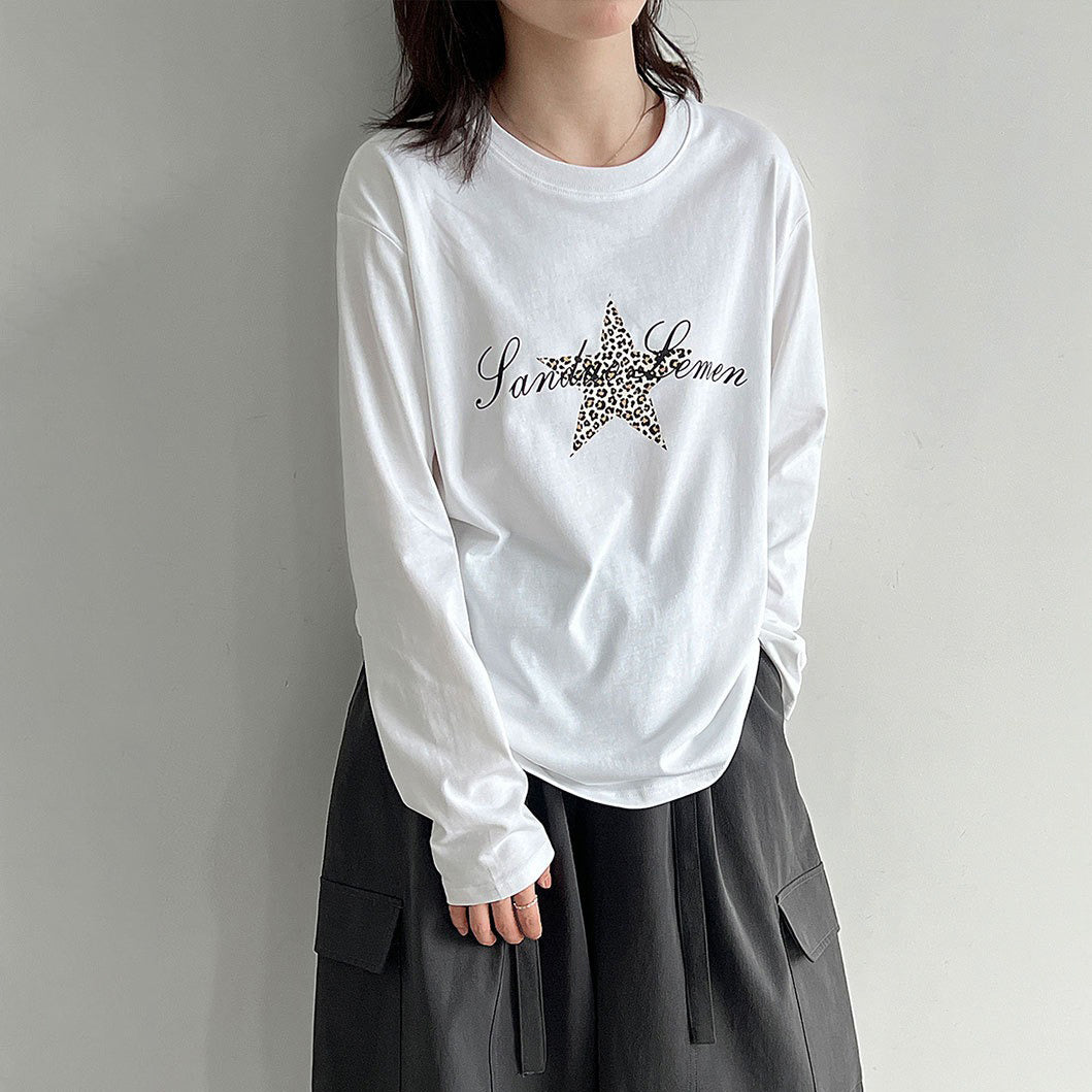【トップス】レトロ豹柄星プリント長袖Tシャツ レディース 綿100％ 秋インナートップス【JZシリーズ】