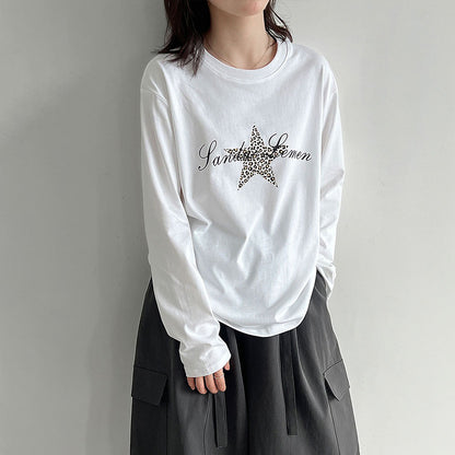 【トップス】レトロ豹柄星プリント長袖Tシャツ レディース 綿100％ 秋インナートップス【JZシリーズ】