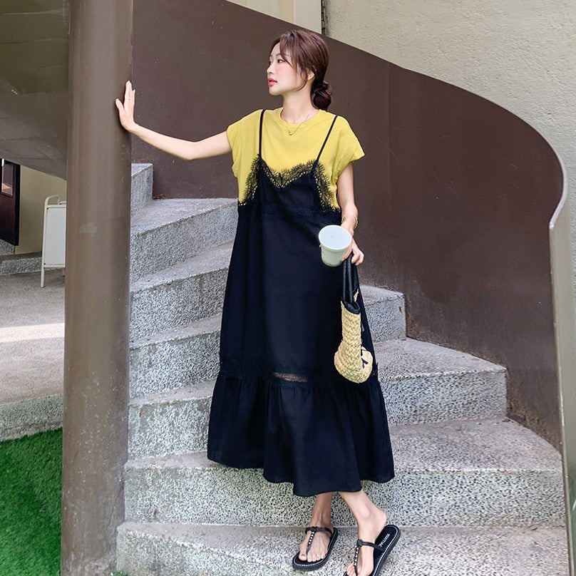 【ワンピース】レース ワンピース レディース 夏 レイヤード風 半袖 ロングワンピース 細見え 人気 韓国風 デザインワンピース【JZシリーズ】