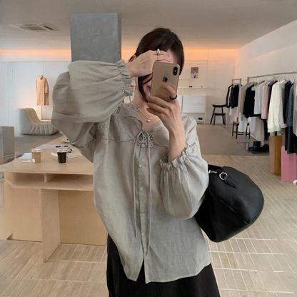 【トップス】春 秋 夏 透かし彫り 切り替え レース 刺繍 シャツ 【JZシリーズ】