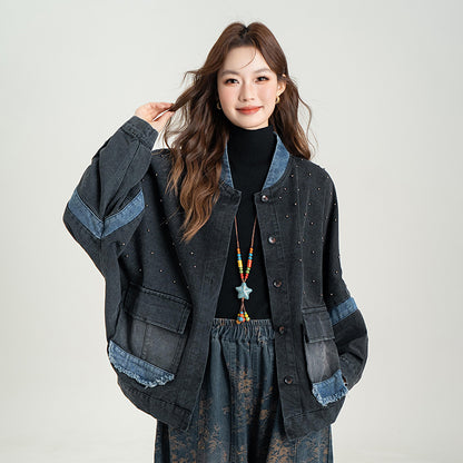 【セットアップ】【単品注文】レトロ配色デニムジャケット×プリントワイドパンツ 上下セット レディース 秋冬新作 大人上品 カジュアルコーデ【JZシリーズ】