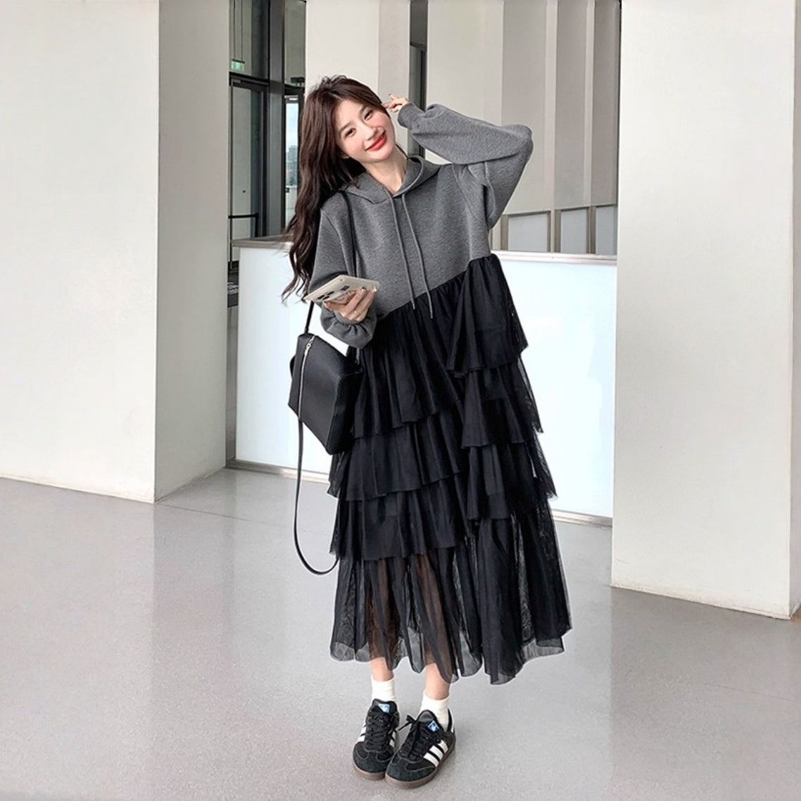 【ワンピース】春 秋 冬 デザイン性 新作 フード付き カジュアル 着痩せ 長袖ワンピース【JZシリーズ】