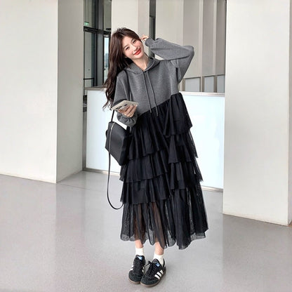 【ワンピース】春 秋 冬 デザイン性 新作 フード付き カジュアル 着痩せ 長袖ワンピース【JZシリーズ】