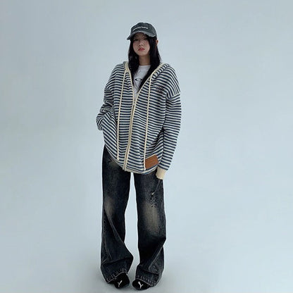 【トップス】ゆるレトロ感♡厚手ボーダーニットパーカー カーディガン レディース 冬の定番アイテム【FCシリーズ】