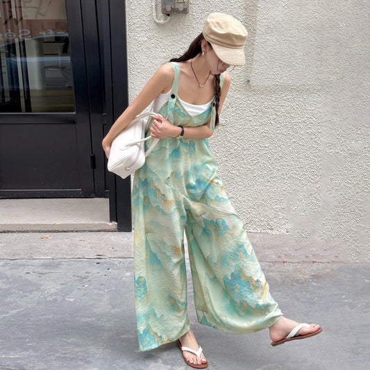 【ボトムス】新中華風 夏新作 レトロ山水画プリント キャミソールワイドパンツ ゆったりオールインワン【SHシリーズ】