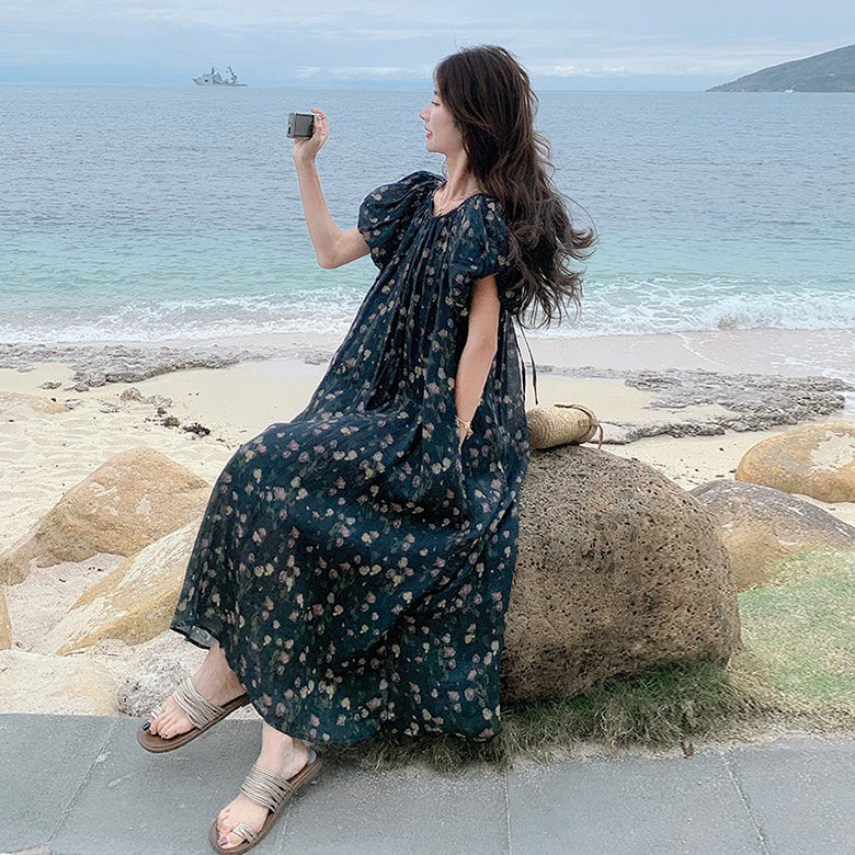 【ワンピース】ビーチリゾート風 リラックス感 花柄 半袖ワンピース レディース  個性的で美しいロングドレス【SHシリーズ】