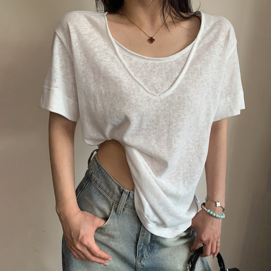 【トップス】ダブルVネック 半袖Tシャツ レディース ミニマル 上品見え ショート丈 きれいめ リラックス感【FCシリーズ】
