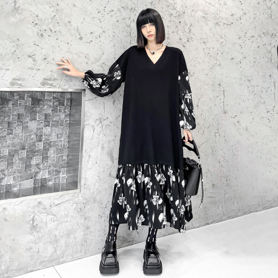 【ワンピース】おしゃれ フェイクレイヤード 切り替えVネックニット 長袖ワンピース ゆったりデザイン Aライン【AHシリーズ】