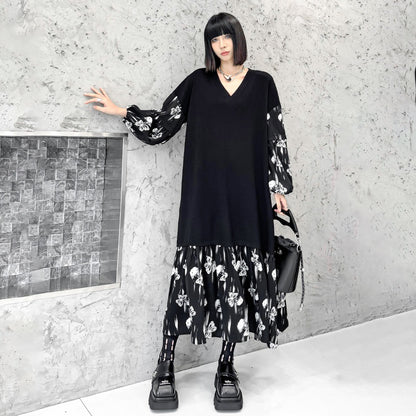 【ワンピース】おしゃれ フェイクレイヤード 切り替えVネックニット 長袖ワンピース ゆったりデザイン Aライン【AHシリーズ】