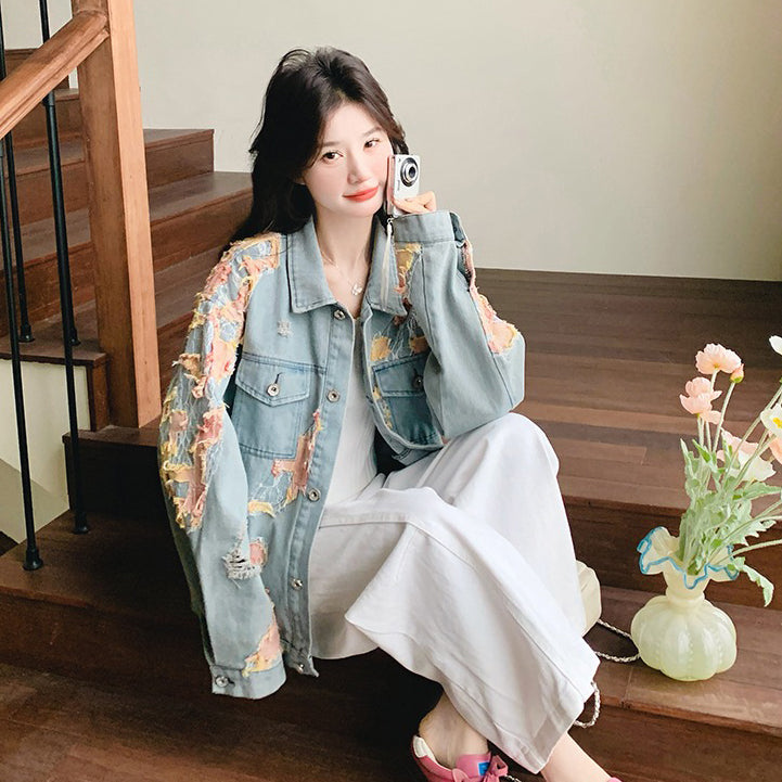 【アウター】おしゃれで若見え デザイン性デニムジャケット レディース  韓国風 レース切替配色ジャケット【SHシリーズ】