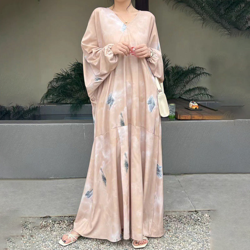 【ワンピース】春秋 水墨中華風プリント 体型カバー 休暇ドレス ゆったり長袖ワンピース
