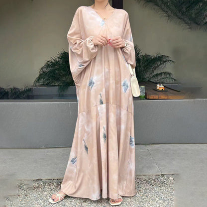 【ワンピース】春秋 水墨中華風プリント 体型カバー 休暇ドレス ゆったり長袖ワンピース