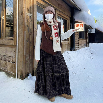 【ボトムス】チェック柄 フレアロングスカート 裏起毛 秋冬 新作 レトロ 細見え【SHシリーズ】