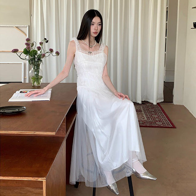 【ワンピース】チュールキャミワンピース 夏新作 軽やか ふんわりボリューム ロング丈 ノースリーブ 無地 レディース【JZシリーズ】