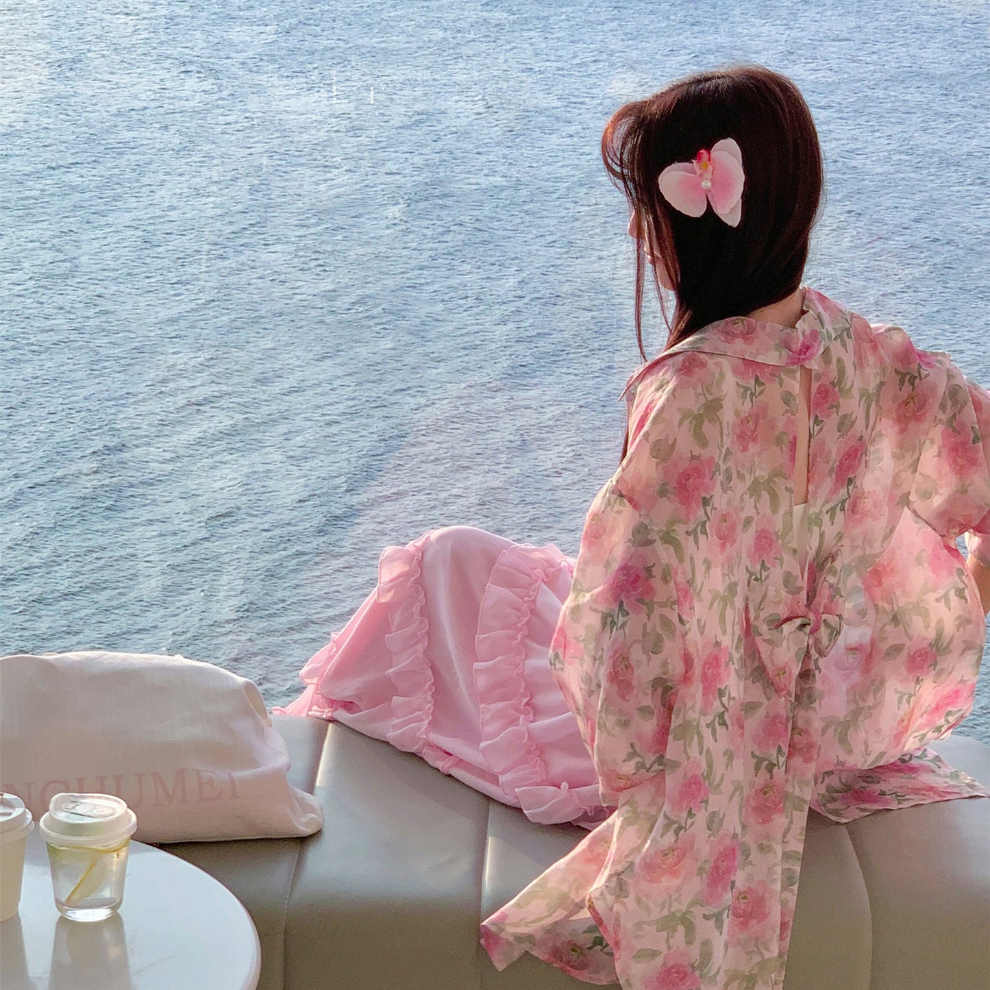 【アウター】UVカット フラワーシャツアウター 春夏 韓国風 ゆったり バックスリットデザイン【SHシリーズ】