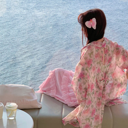 【アウター】UVカット フラワーシャツアウター 春夏 韓国風 ゆったり バックスリットデザイン【SHシリーズ】