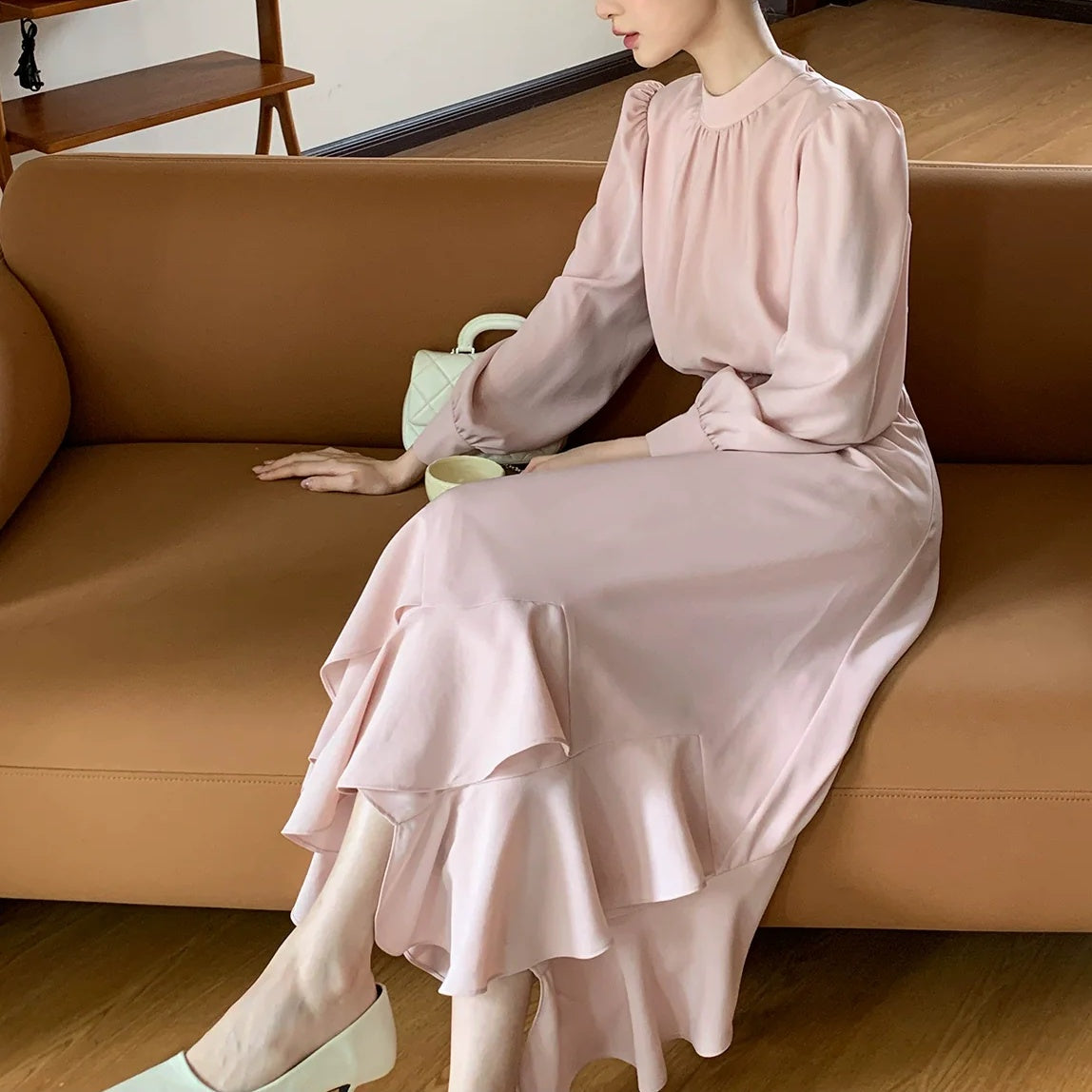 【ワンピース】春 秋 冬 花柄裾デザイン 通勤コーデ 立体裁断切り替え 長袖 ワンピース 【JZシリーズ】