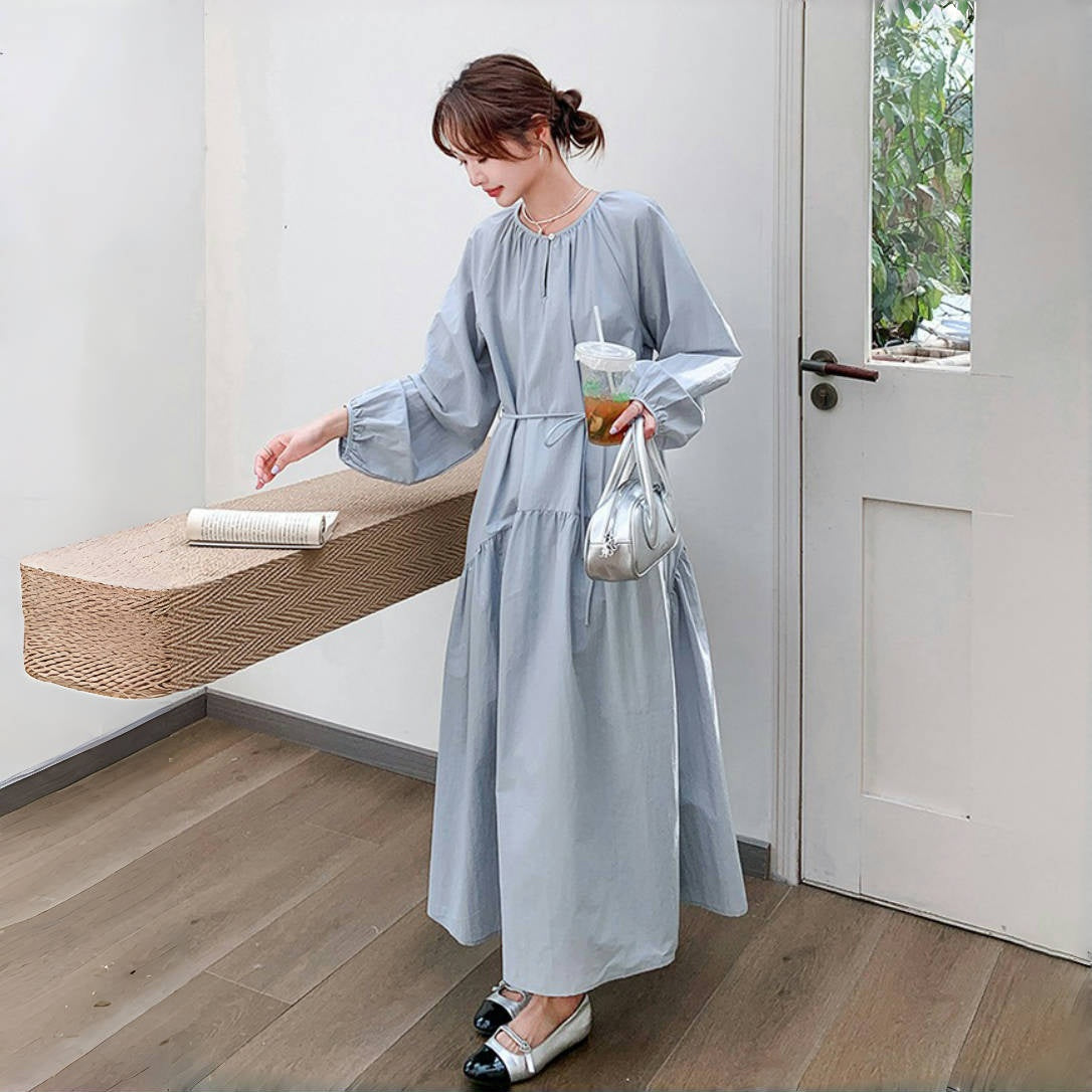 【ワンピース】フレンチ 長袖ワンピース レディース 秋新作 上品で可愛い リラックス感 ウエストマーク ロングドレス【JZシリーズ】