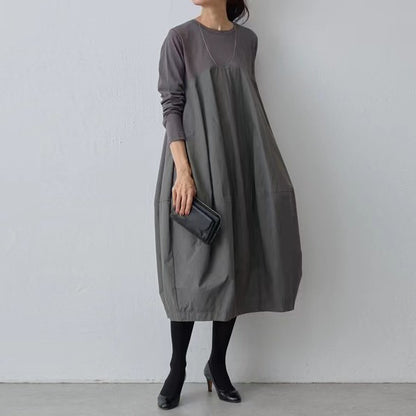 【24AW】【ワンピース】ラウンドネック 長袖 ニット パッチワーク ロング 長袖ワンピース