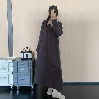 【ワンピース】韓国風ポロカラーロングワンピース レディース 秋新作 長袖 ゆったり きれいめ 通勤【JZシリーズ】