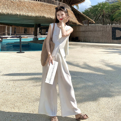 2点セット！【セットアップ】ベスト ワイドパンツ  上下セット レディース 春夏 ゆったり 体型カバー 人気 リゾートコーデ【JZシリーズ】