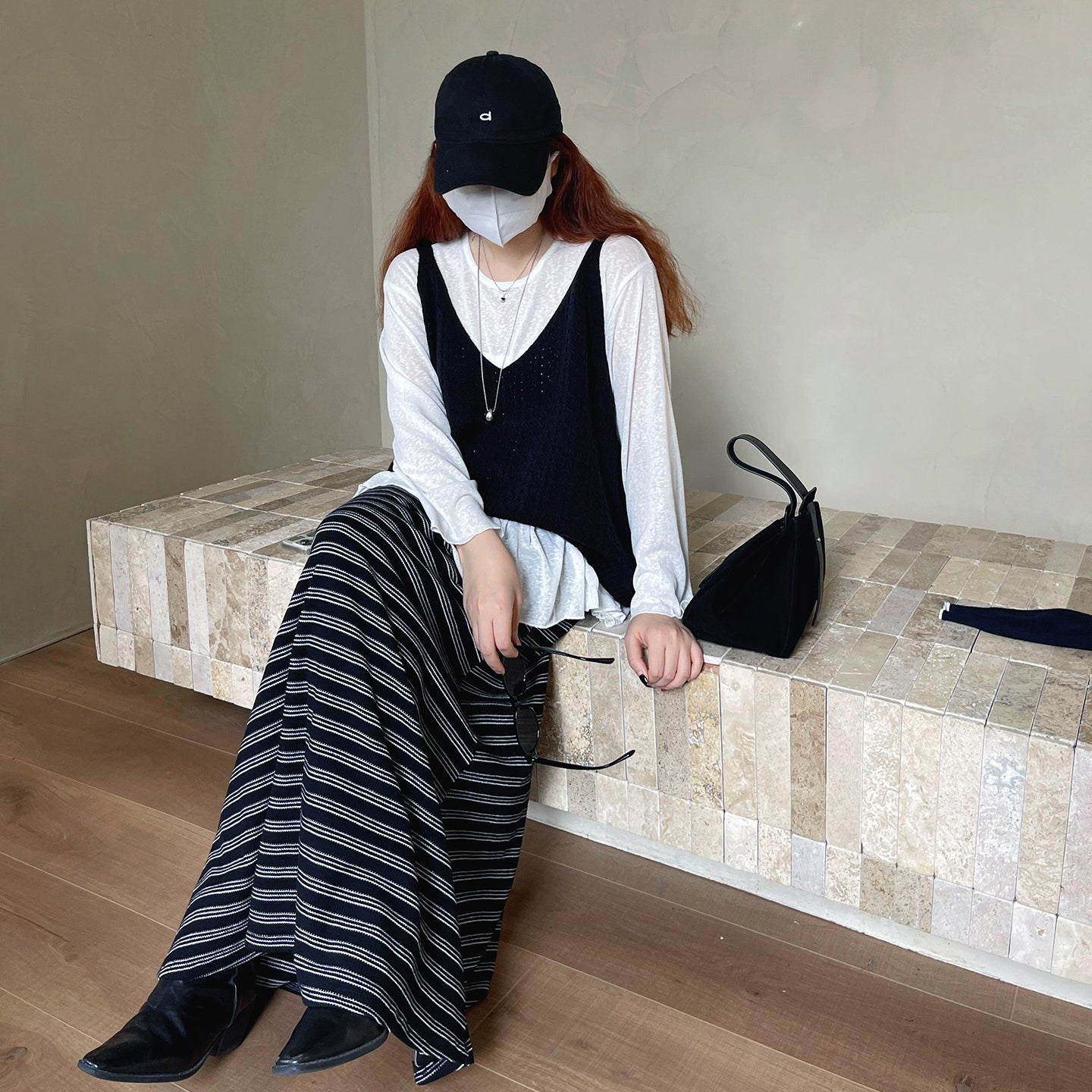 【ボトムス】レトロ ストライプ ニットスカート 初秋新作 ハイウエスト スリム見え Aラインスカート【SHシリーズ】