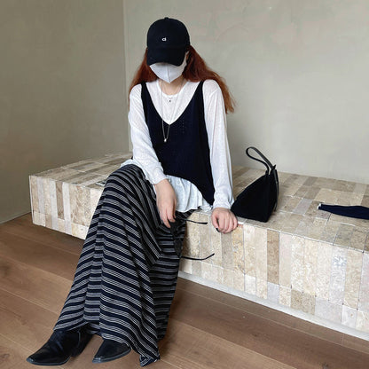 【ボトムス】レトロ ストライプ ニットスカート 初秋新作 ハイウエスト スリム見え Aラインスカート【SHシリーズ】