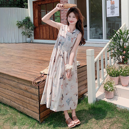 【ワンピース】蝶柄 花柄ノースリーブワンピース レディース 夏 ゆったり リゾート風 バックレス エレガントロングドレス【SHシリーズ】