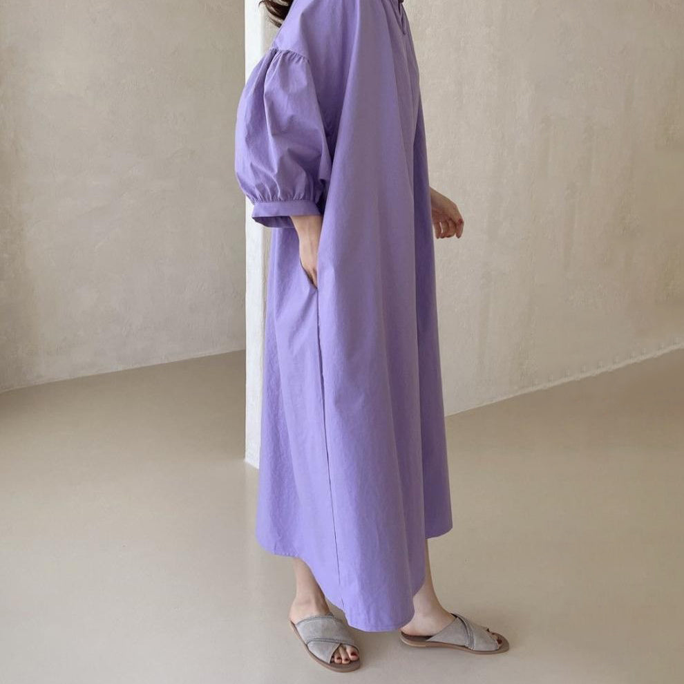 【ワンピース】🌸春夏 新作 韓国風 半袖ワンピース ゆったり ロング丈 バルーンスリーブ カジュアル レディース【JZシリーズ】