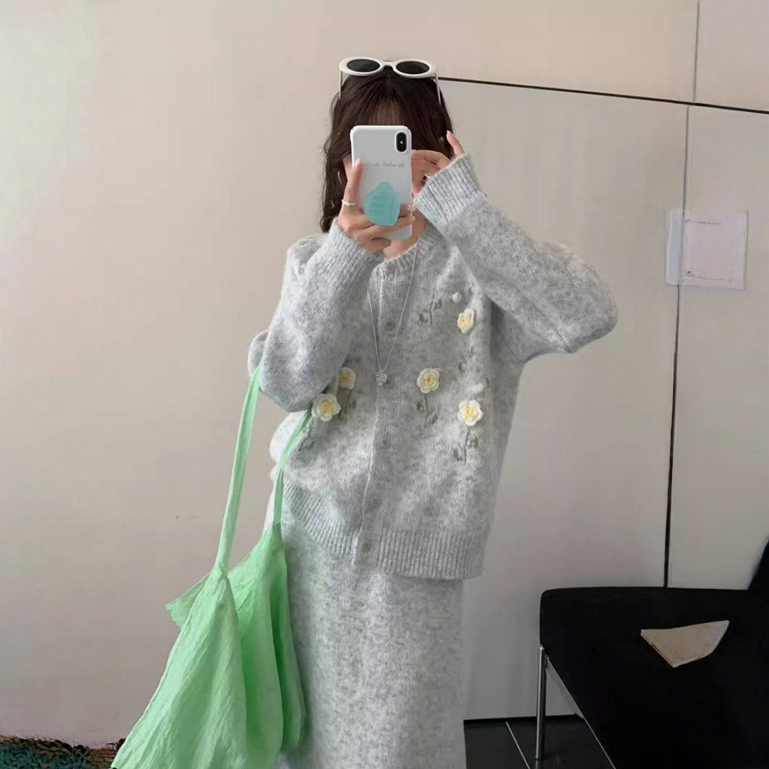 【セットアップ】春 秋 冬 立体刺繍フラワー +ハイウエスト ニットスカート 2点上下セット 【JZシリーズ】