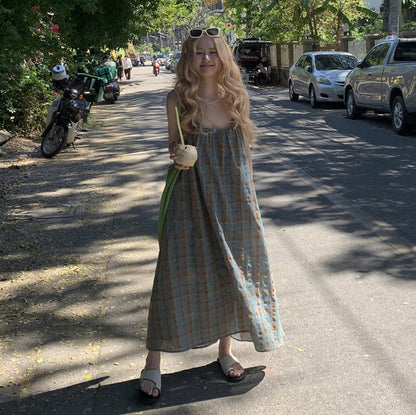 【ワンピース】大きいサイズ 気質 リゾート風 チェック柄 ノースリーブ キャミワンピース【SHシリーズ】