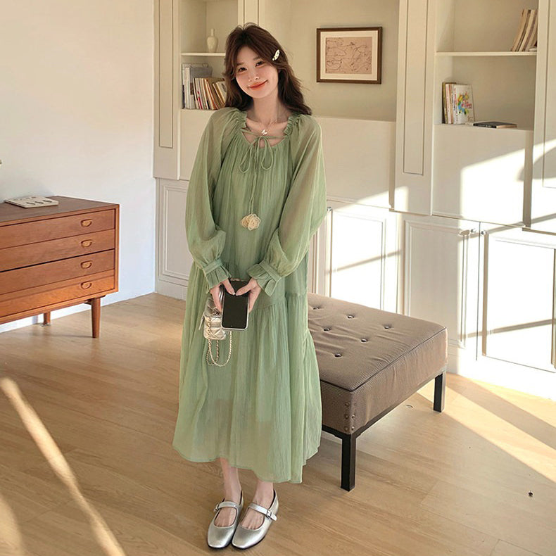【ワンピース】グリーン フレンチ風ロマンティックワンピース新作 長袖 絶美ロングドレス【JZシリーズ】