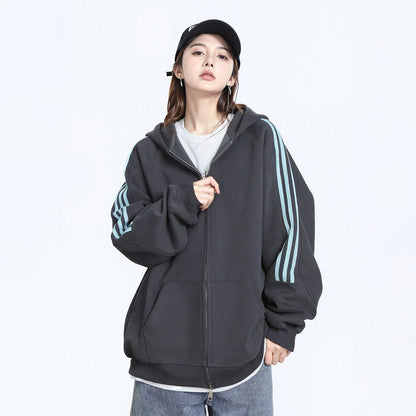 【アウター】ストリートブランド風 男女兼用 三本ライン フード付きパーカー レディース 春秋 新作 ゆったり ラグランスリーブ ジップアップ ジャケット【FCシリーズ】