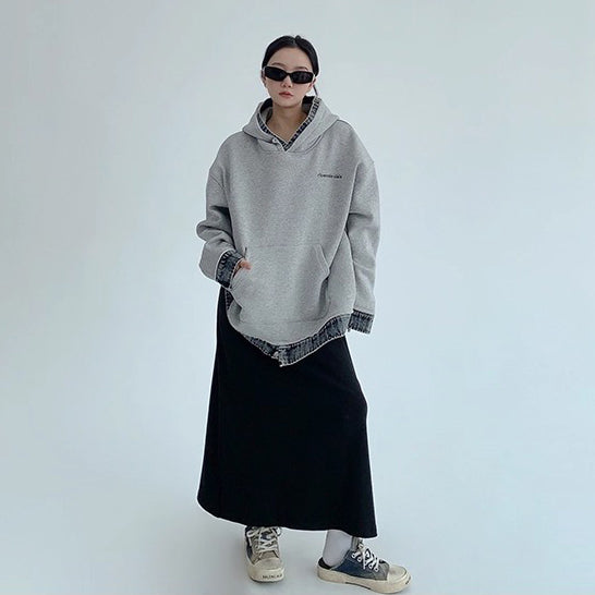 【トップス】春秋冬 配色デニム切り替え 裏起毛 パーカー ゆったり レディース【FCシリーズ】