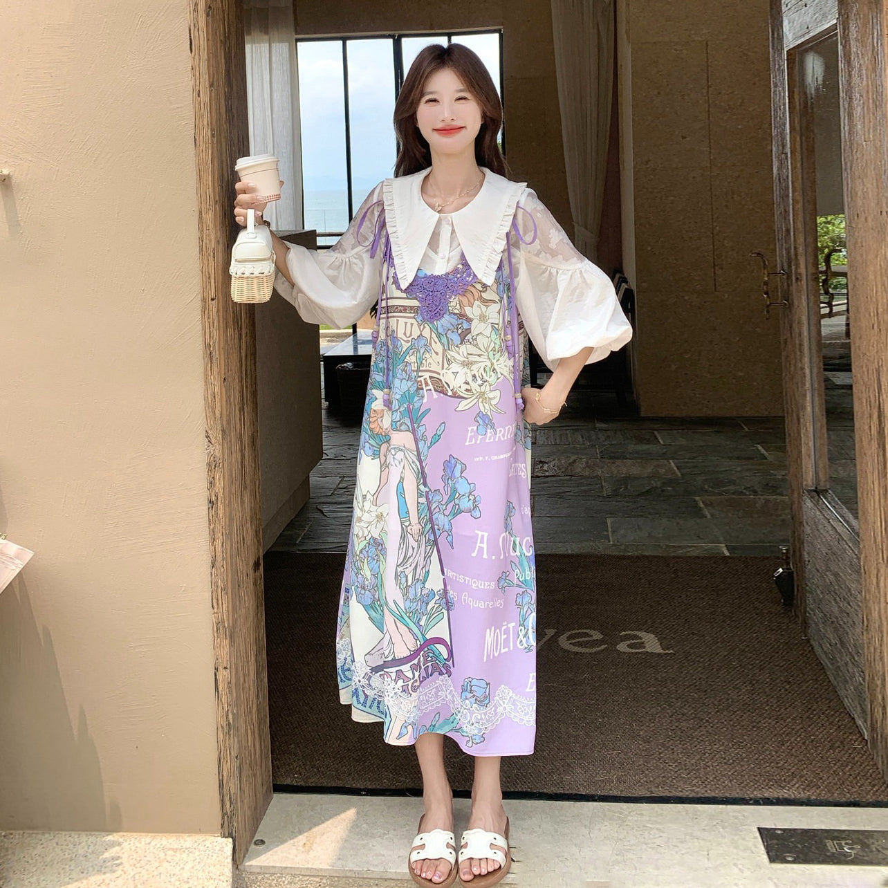 法式油畫印花吊帶洋裝兩件套｜印花洋裝＋罩衫套裝【SH系列】