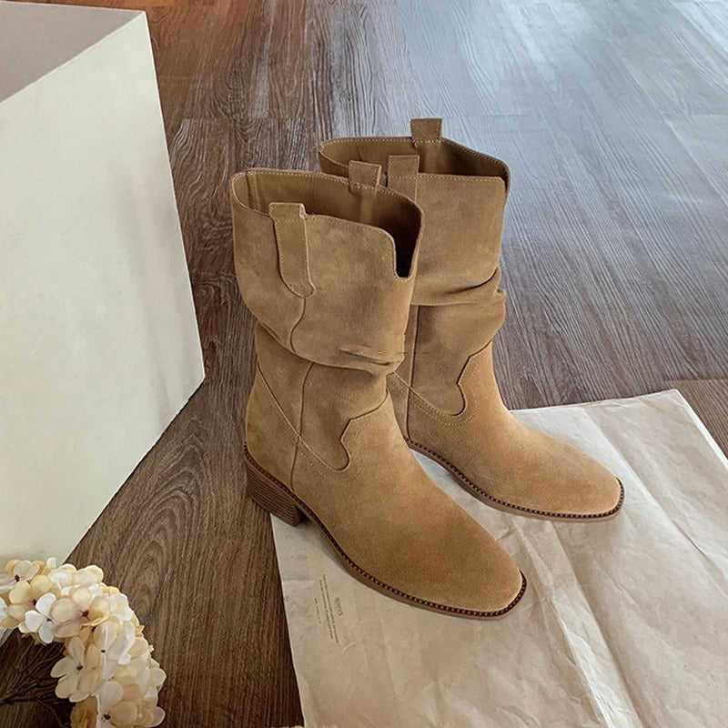 【シューズ】春 秋 冬 ラウンドトゥ チャンキーヒール 脚長効果 くしゅくしゅデザイン マーチンブーツ 【JZシリーズ】